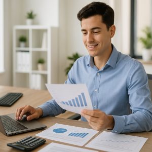Young business professional in business casual attire working at clean desk with laptop computer, financial reports, calculator, and business planning materials in bright modern office environment, representing dual career pathway in business management and accounting