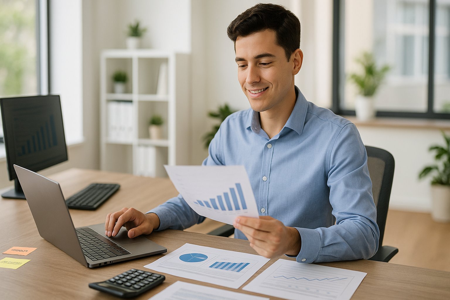 Young business professional in business casual attire working at clean desk with laptop computer, financial reports, calculator, and business planning materials in bright modern office environment, representing dual career pathway in business management and accounting