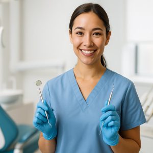 Female dental assistant wearing navy scrubs stands confidently in a bright, modern dental office holding dental instruments, with dental chair and equipment visible in background, representing essential skills for dental assisting career in California