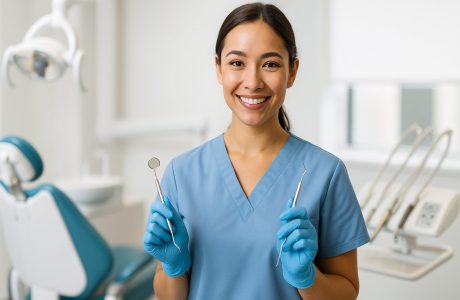 Female dental assistant wearing navy scrubs stands confidently in a bright, modern dental office holding dental instruments, with dental chair and equipment visible in background, representing essential skills for dental assisting career in California