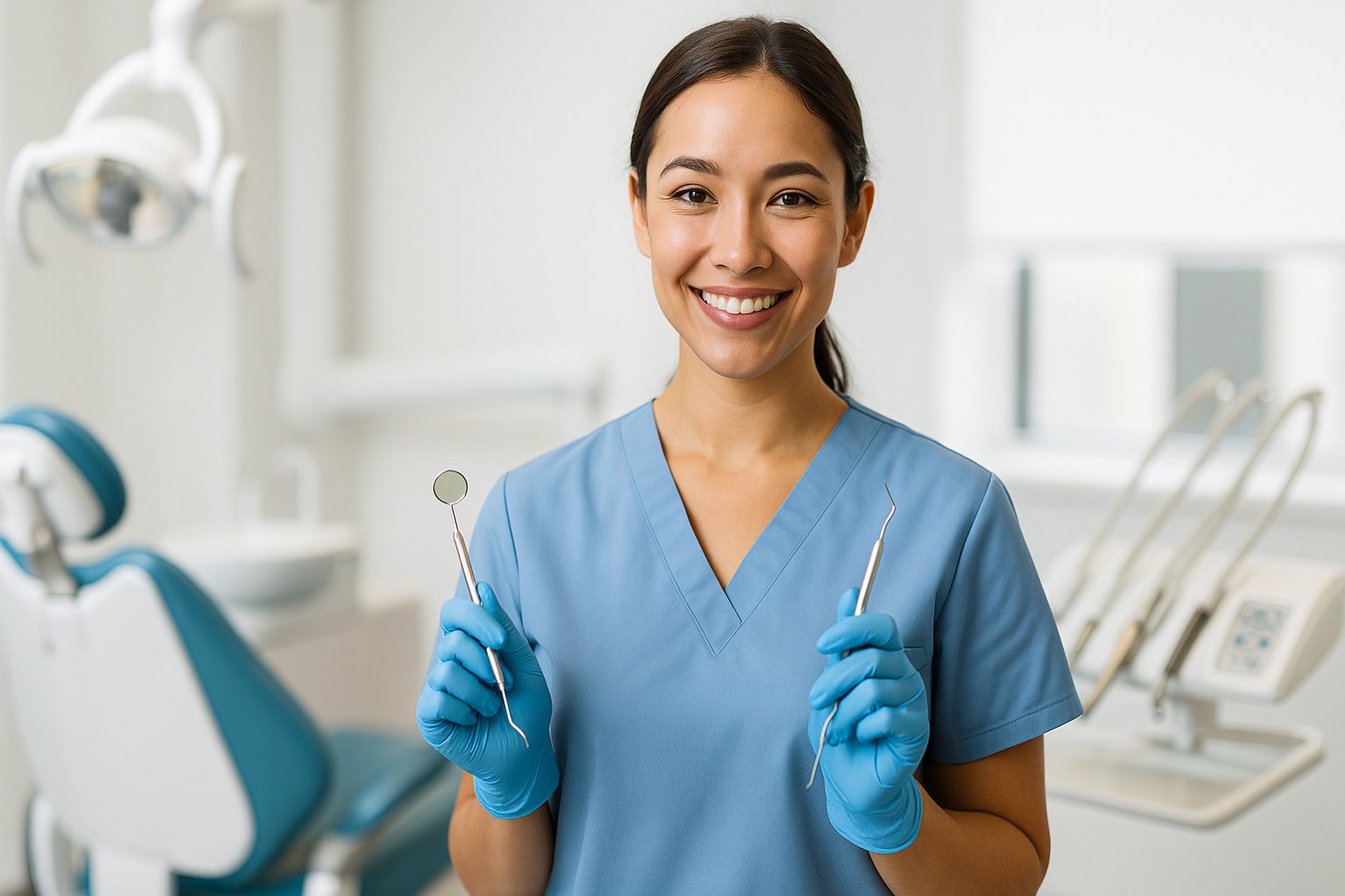Female dental assistant wearing navy scrubs stands confidently in a bright, modern dental office holding dental instruments, with dental chair and equipment visible in background, representing essential skills for dental assisting career in California
