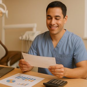 Dental assistant in professional scrubs reviewing compensation documents with satisfied expression in modern dental office, representing salary and benefits information for California dental assistants