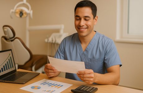 Dental assistant in professional scrubs reviewing compensation documents with satisfied expression in modern dental office, representing salary and benefits information for California dental assistants