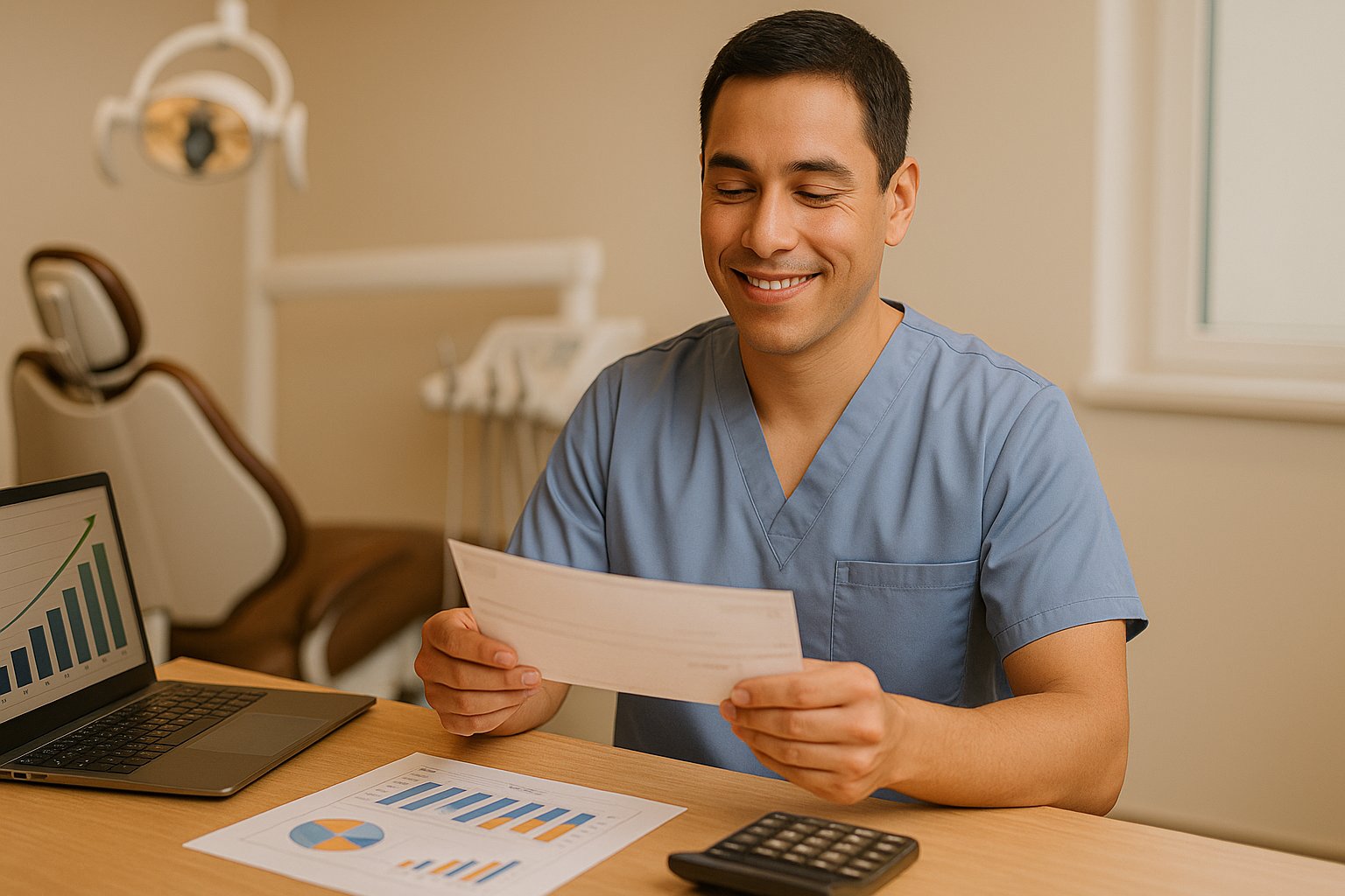 Dental assistant in professional scrubs reviewing compensation documents with satisfied expression in modern dental office, representing salary and benefits information for California dental assistants