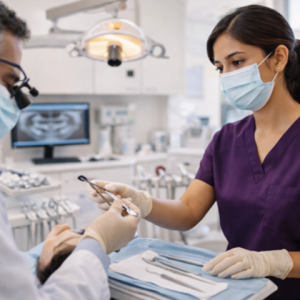 Dental assistant organizing instruments on sterile tray in dental operatory