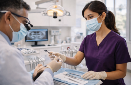 Dental assistant organizing instruments on sterile tray in dental operatory