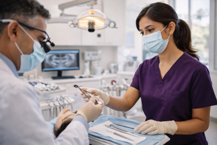 Dental assistant organizing instruments on sterile tray in dental operatory