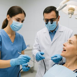 Dental assistant in scrubs supporting a dentist during a patient procedure in a clean, modern dental office.