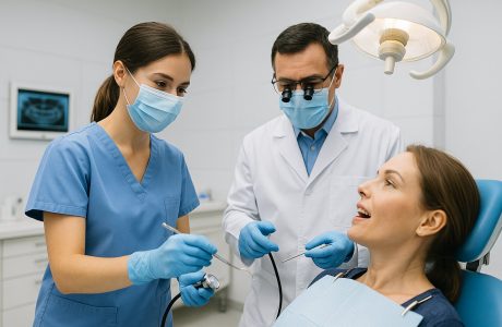 Dental assistant in scrubs supporting a dentist during a patient procedure in a clean, modern dental office.