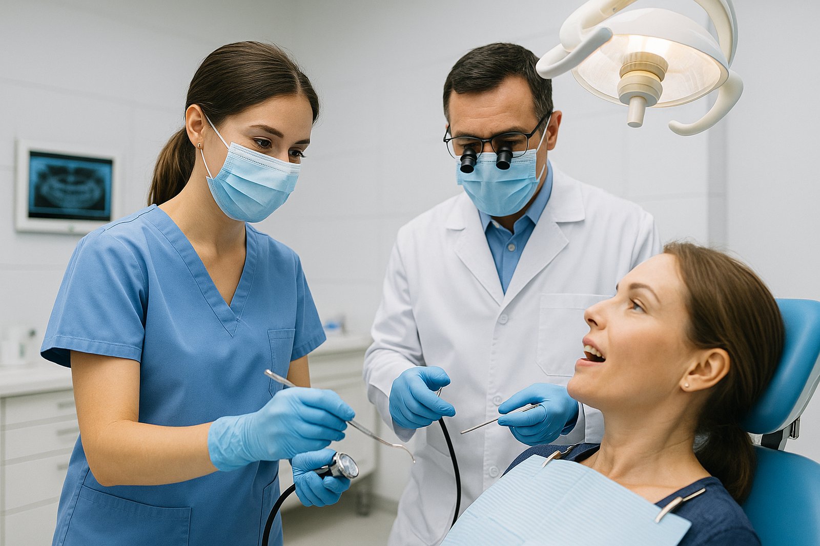 Dental assistant in scrubs supporting a dentist during a patient procedure in a clean, modern dental office.