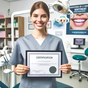 A smiling dental assistant proudly holding up a certification in a modern dental office. The background includes dental equipment and posters.