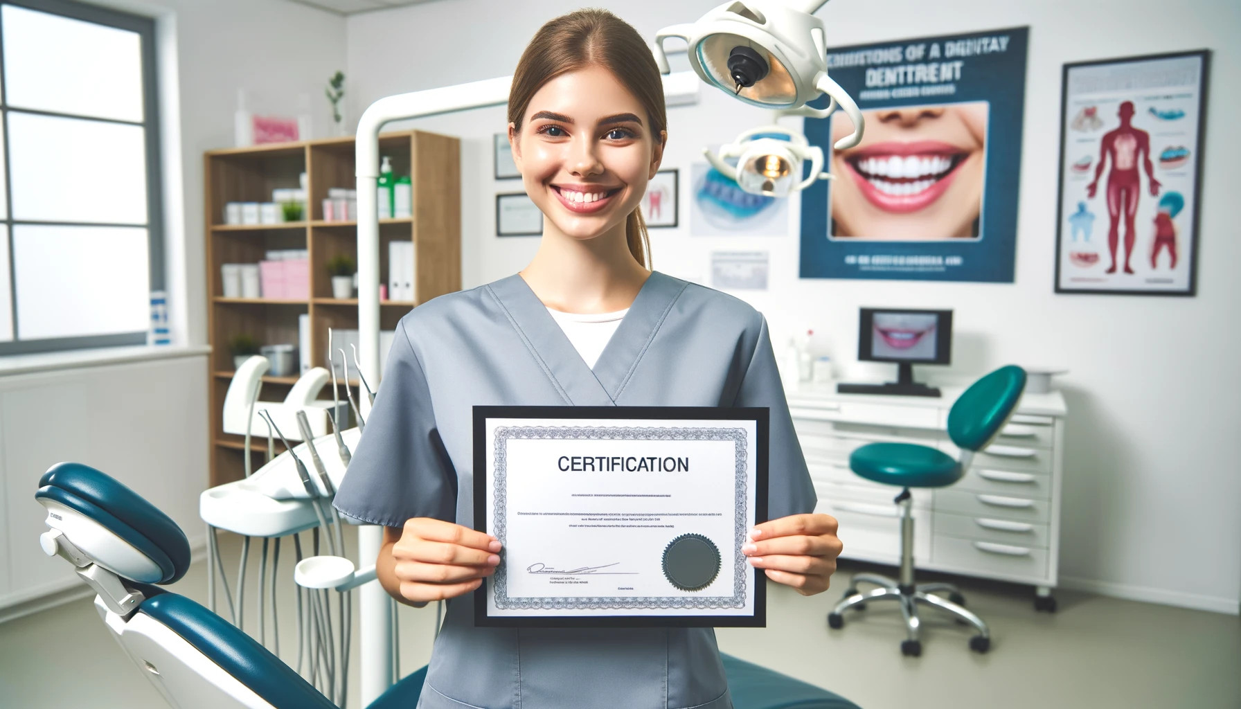 A smiling dental assistant proudly holding up a certification in a modern dental office. The background includes dental equipment and posters.
