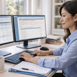 Medical billing professional working at computer with dual monitors in healthcare office setting