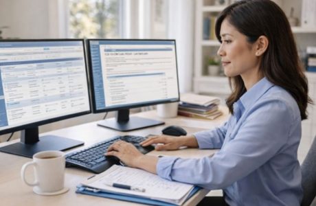 Medical billing professional working at computer with dual monitors in healthcare office setting