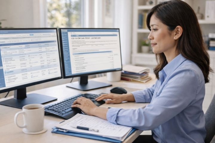 Medical billing professional working at computer with dual monitors in healthcare office setting