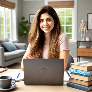 an online student working at home to a get a degree in Medical Office Management