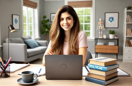 an online student working at home to a get a degree in Medical Office Management