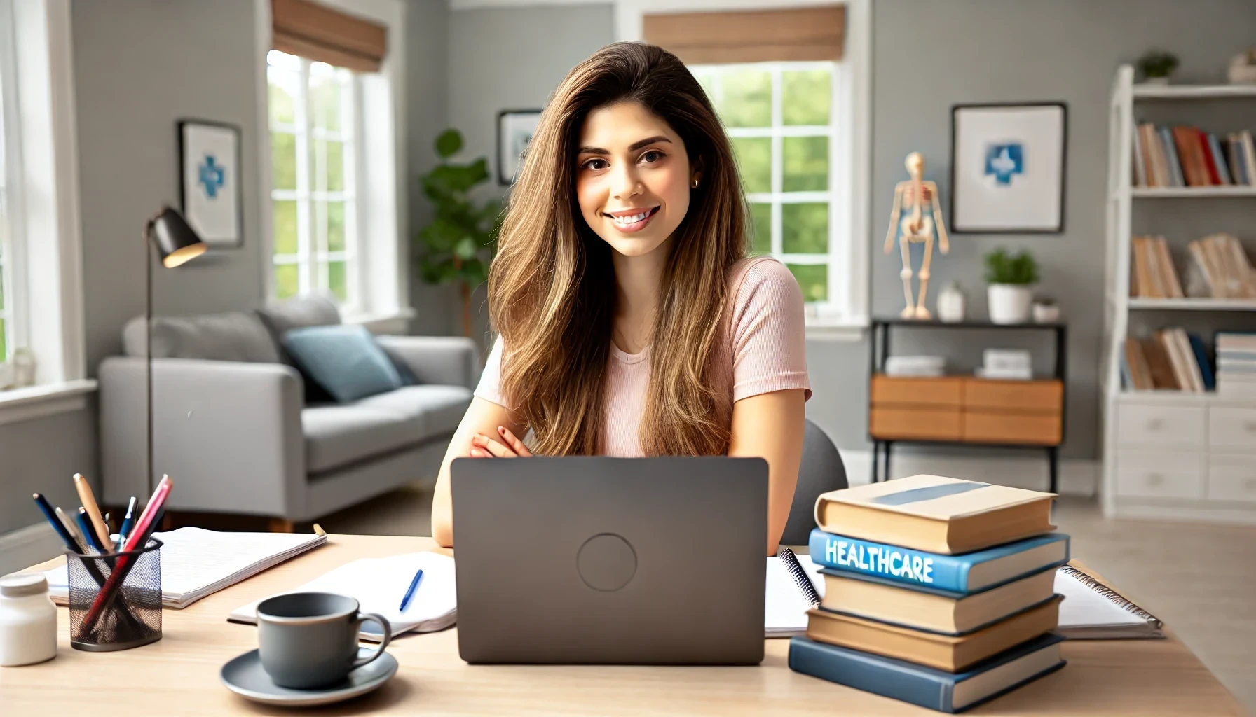 an online student working at home to a get a degree in Medical Office Management