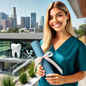 Smiling female student in dental assistant scrubs holding a diploma with the Los Angeles skyline in the background, representing the hands-on training and career-ready courses offered at National Career College, one of the best dental assistant programs in Los Angeles