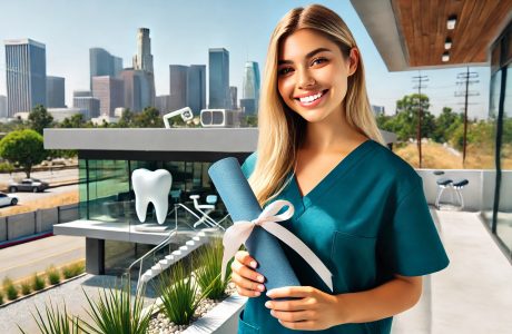 Smiling female student in dental assistant scrubs holding a diploma with the Los Angeles skyline in the background, representing the hands-on training and career-ready courses offered at National Career College, one of the best dental assistant programs in Los Angeles