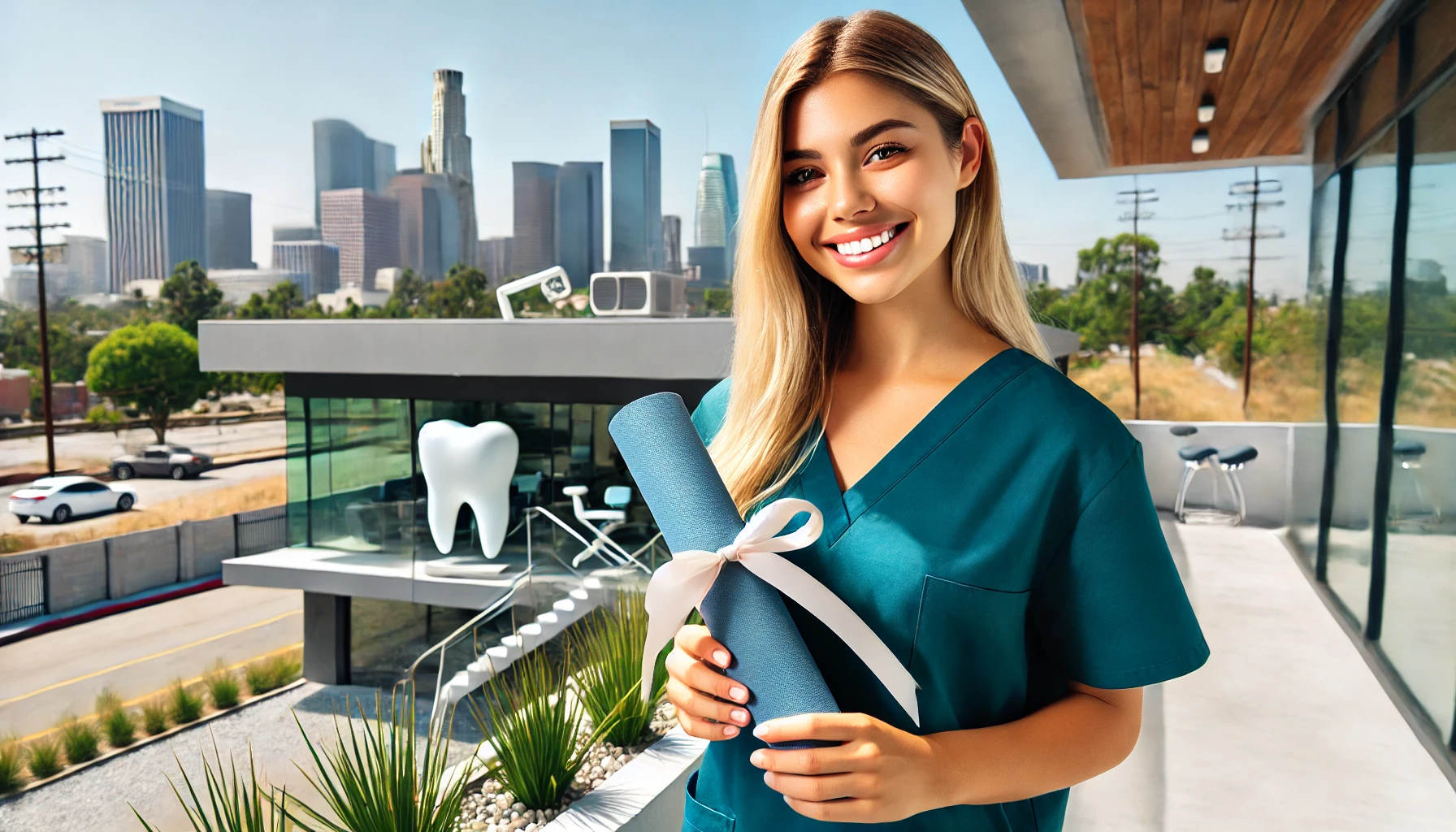 Smiling female student in dental assistant scrubs holding a diploma with the Los Angeles skyline in the background, representing the hands-on training and career-ready courses offered at National Career College, one of the best dental assistant programs in Los Angeles