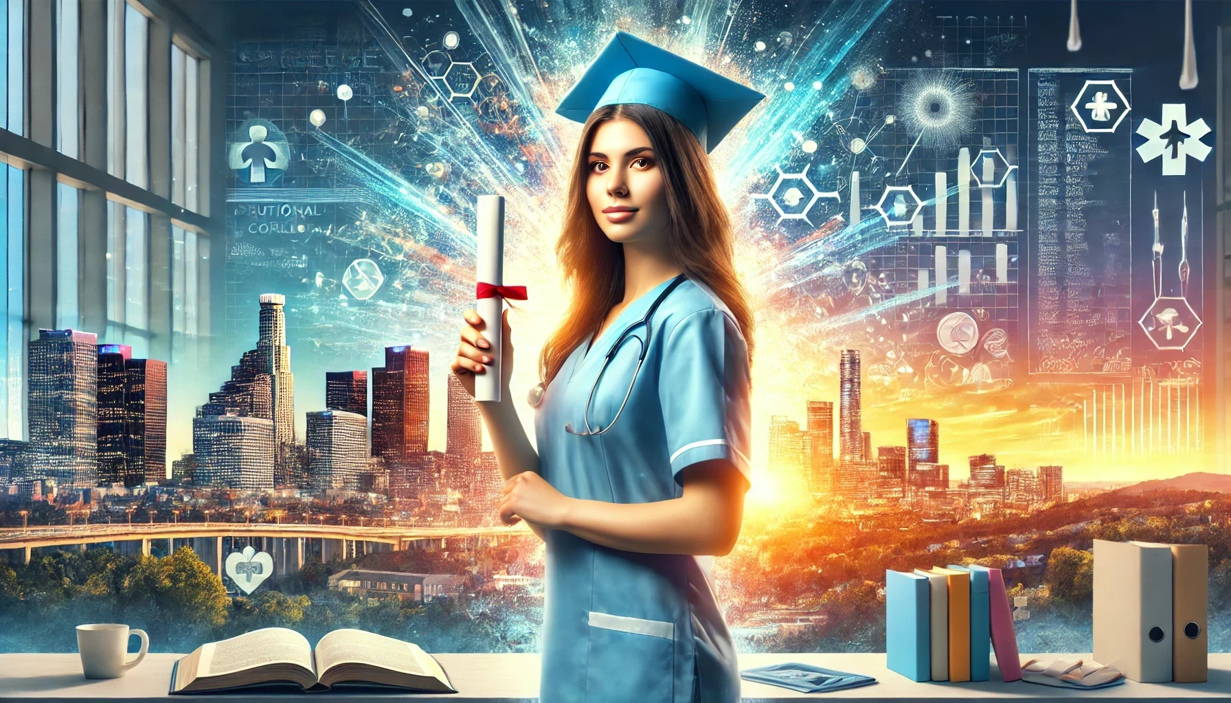 A graduate in nursing scrubs and a cap holding a diploma with the Los Angeles skyline in the background, symbolizing National Career College’s best LVN courses in Los Angeles. Medical icons and charts surround her, representing the accredited, career-focused LVN program designed to prepare students for a fast-track nursing career.