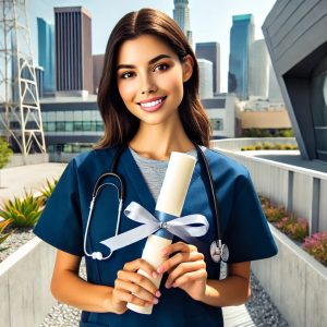 Smiling female student in medical assistant scrubs holding a diploma with the Los Angeles skyline in the background, showcasing the hands-on training and career-ready courses provided at National Career College, home to one of the top medical assistant programs in Los Angeles.