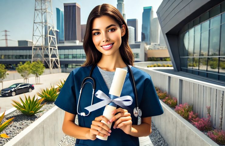 Smiling female student in medical assistant scrubs holding a diploma with the Los Angeles skyline in the background, showcasing the hands-on training and career-ready courses provided at National Career College, home to one of the top medical assistant programs in Los Angeles.