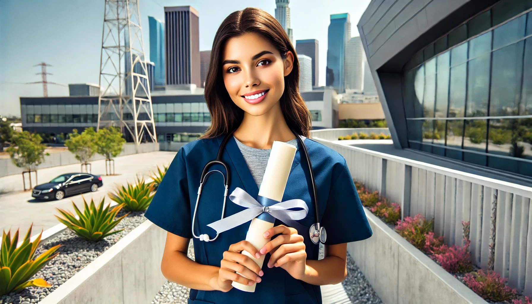 Smiling female student in medical assistant scrubs holding a diploma with the Los Angeles skyline in the background, showcasing the hands-on training and career-ready courses provided at National Career College, home to one of the top medical assistant programs in Los Angeles.