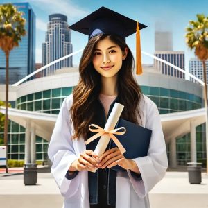 Smiling female student in professional attire holding a diploma with the Los Angeles skyline in the background, highlighting the comprehensive, career-focused training offered in National Career College’s Online Medical Office Management degree program, one of the best in California.