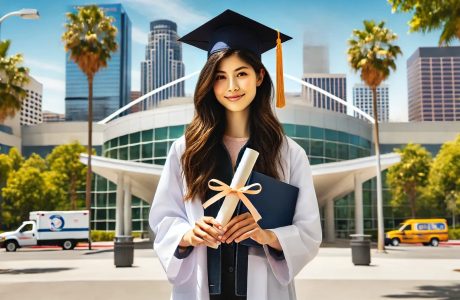 Smiling female student in professional attire holding a diploma with the Los Angeles skyline in the background, highlighting the comprehensive, career-focused training offered in National Career College’s Online Medical Office Management degree program, one of the best in California.