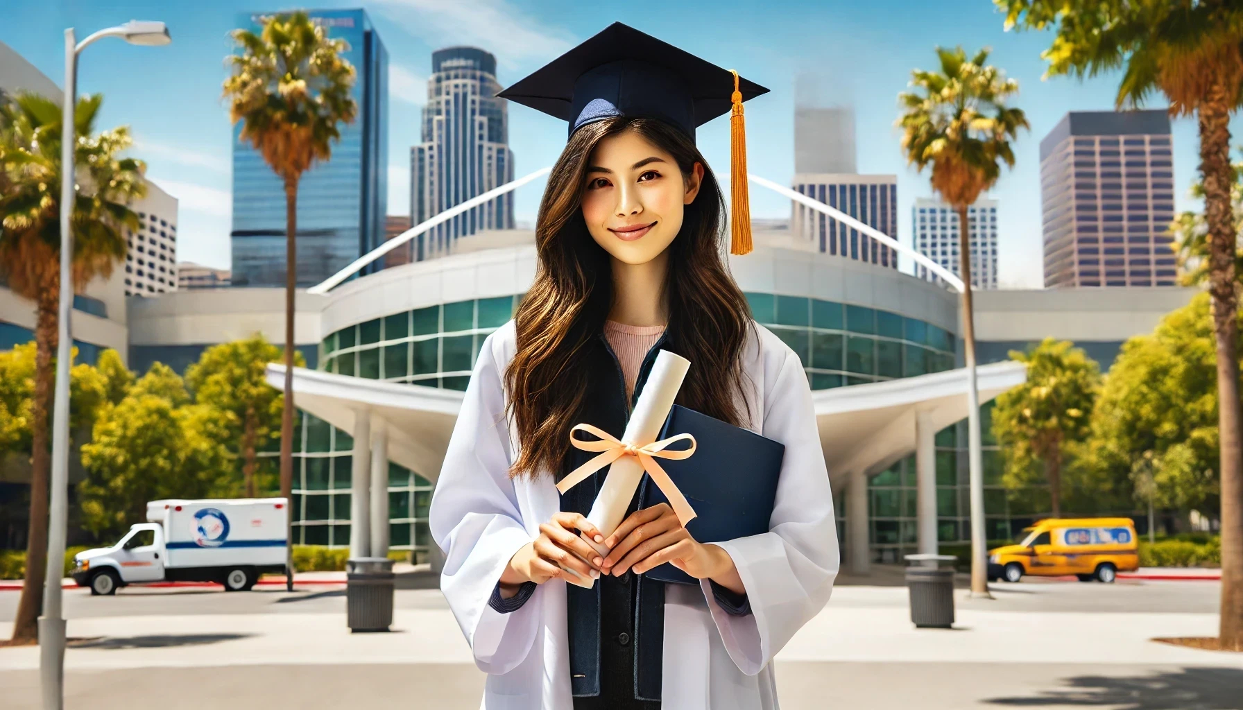 Smiling female student in professional attire holding a diploma with the Los Angeles skyline in the background, highlighting the comprehensive, career-focused training offered in National Career College’s Online Medical Office Management degree program, one of the best in California.