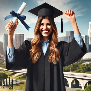 Smiling female student in business attire holding a diploma with the Los Angeles skyline in the background, emphasizing the hands-on, career-driven training offered in National Career College’s Online Office Management degree program, one of the top choices in California for aspiring office managers.