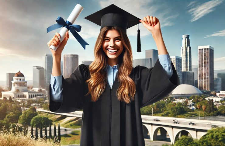 Smiling female student in business attire holding a diploma with the Los Angeles skyline in the background, emphasizing the hands-on, career-driven training offered in National Career College’s Online Office Management degree program, one of the top choices in California for aspiring office managers.