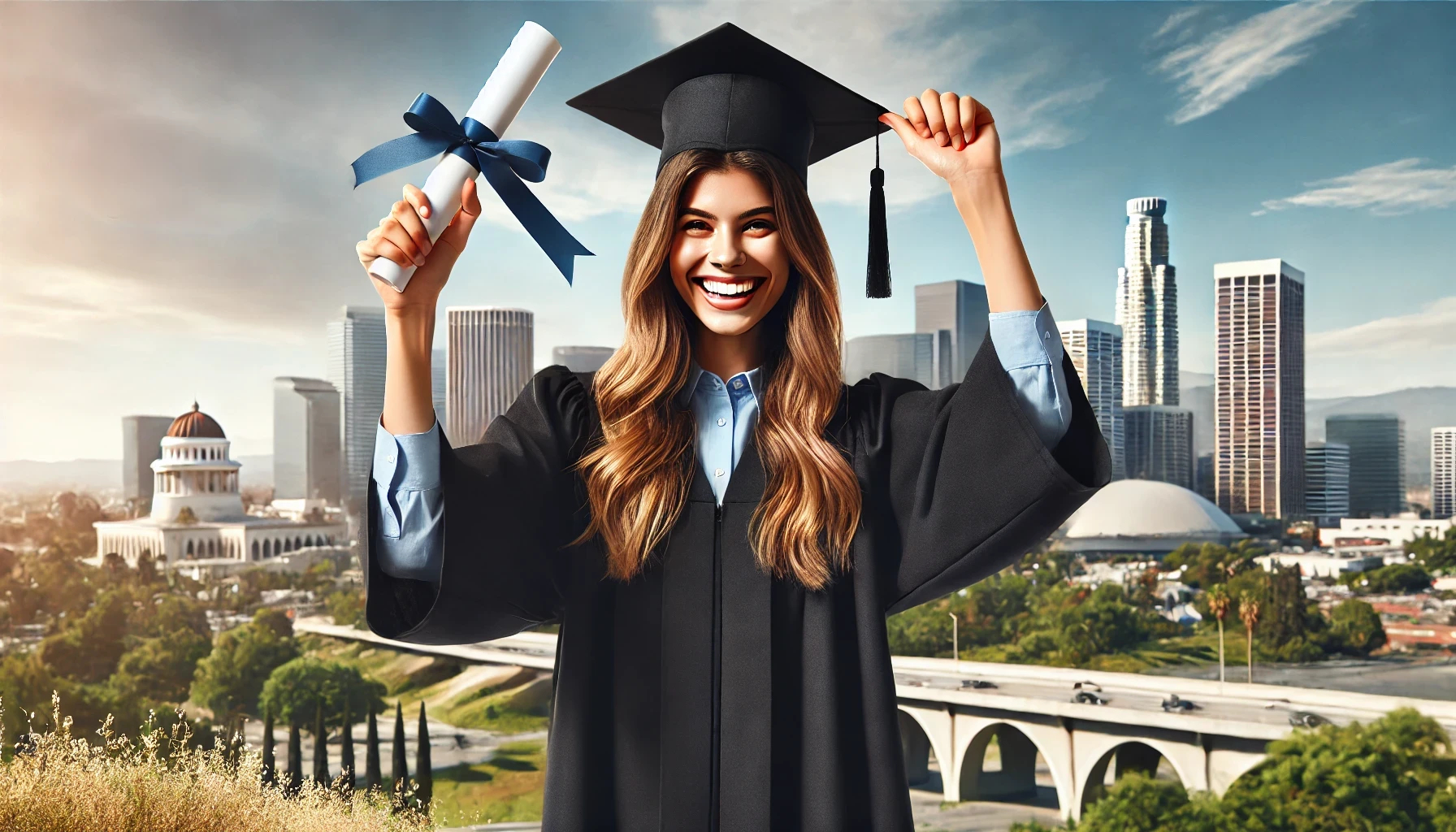 Smiling female student in business attire holding a diploma with the Los Angeles skyline in the background, emphasizing the hands-on, career-driven training offered in National Career College’s Online Office Management degree program, one of the top choices in California for aspiring office managers.