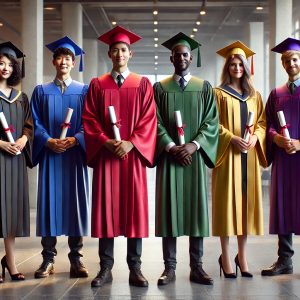 Six diverse students in colorful caps and gowns, holding their diplomas, proudly standing together in a large hall, representing the success and achievement of graduates from National Career College, a top vocational school for healthcare in Los Angeles.