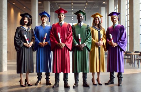 Six diverse students in colorful caps and gowns, holding their diplomas, proudly standing together in a large hall, representing the success and achievement of graduates from National Career College, a top vocational school for healthcare in Los Angeles.