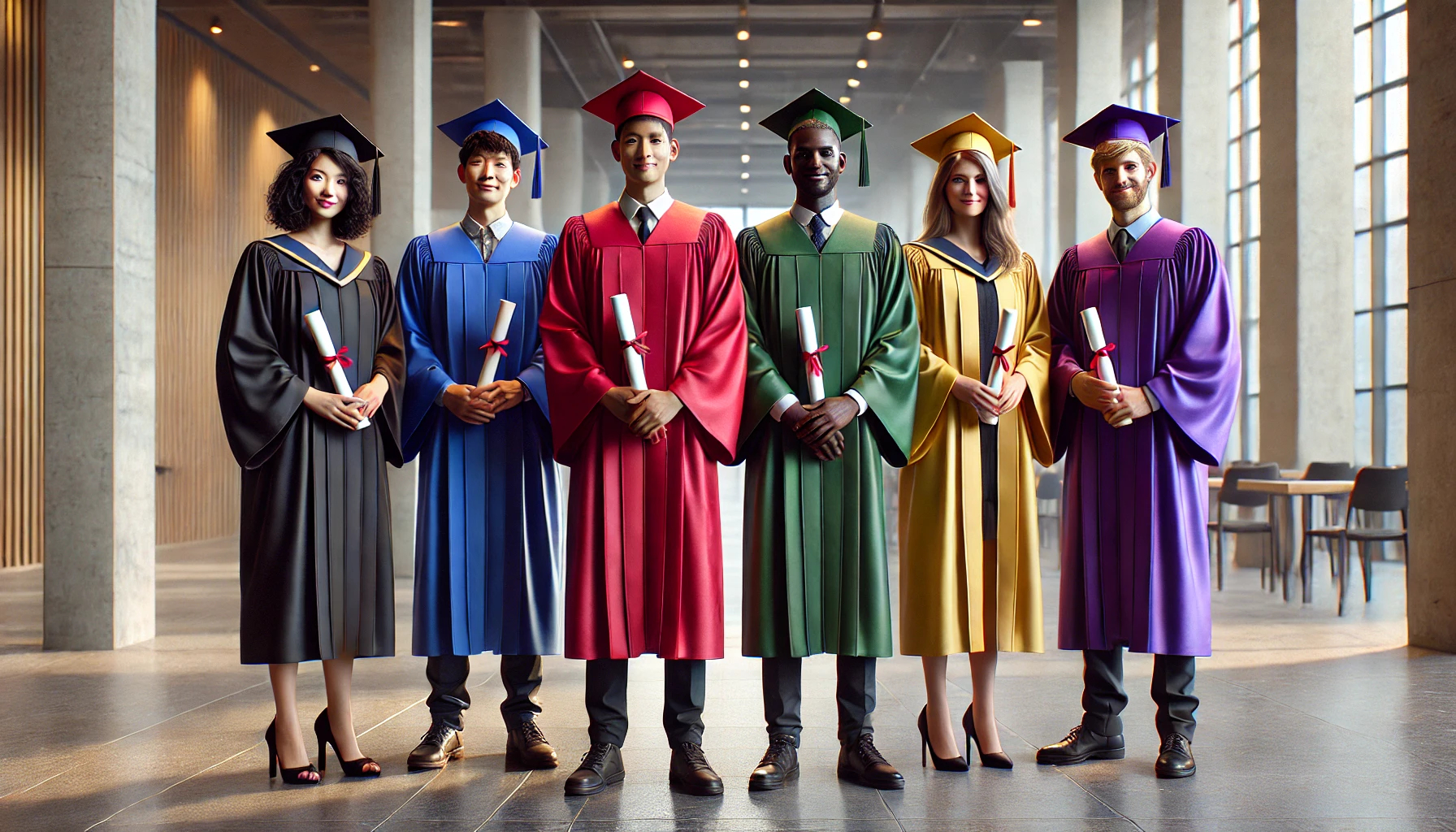 Six diverse students in colorful caps and gowns, holding their diplomas, proudly standing together in a large hall, representing the success and achievement of graduates from National Career College, a top vocational school for healthcare in Los Angeles.