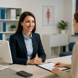 Medical administrative assistant in professional business attire smiling at the front desk while assisting a patient in a modern healthcare office.