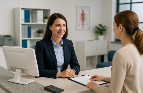 Medical administrative assistant in professional business attire smiling at the front desk while assisting a patient in a modern healthcare office.