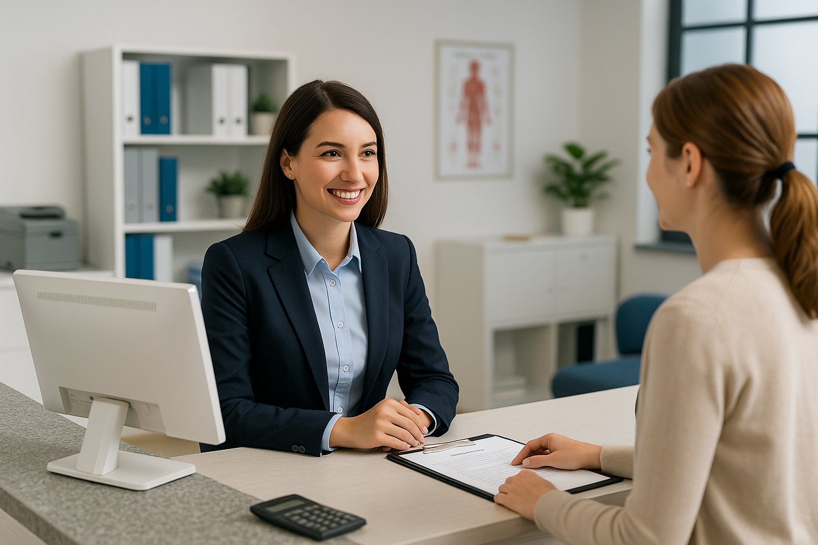 Medical administrative assistant in professional business attire smiling at the front desk while assisting a patient in a modern healthcare office.