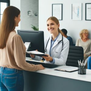 a friendly medical administrative assistant at a modern clinic reception desk, smiling warmly as they hand a clipboard to a patient. The bright and welcoming setting includes a comfortable waiting area with other patients in the background, capturing the professional and patient-focused environment of a typical day in the life of a medical administrative assistant.