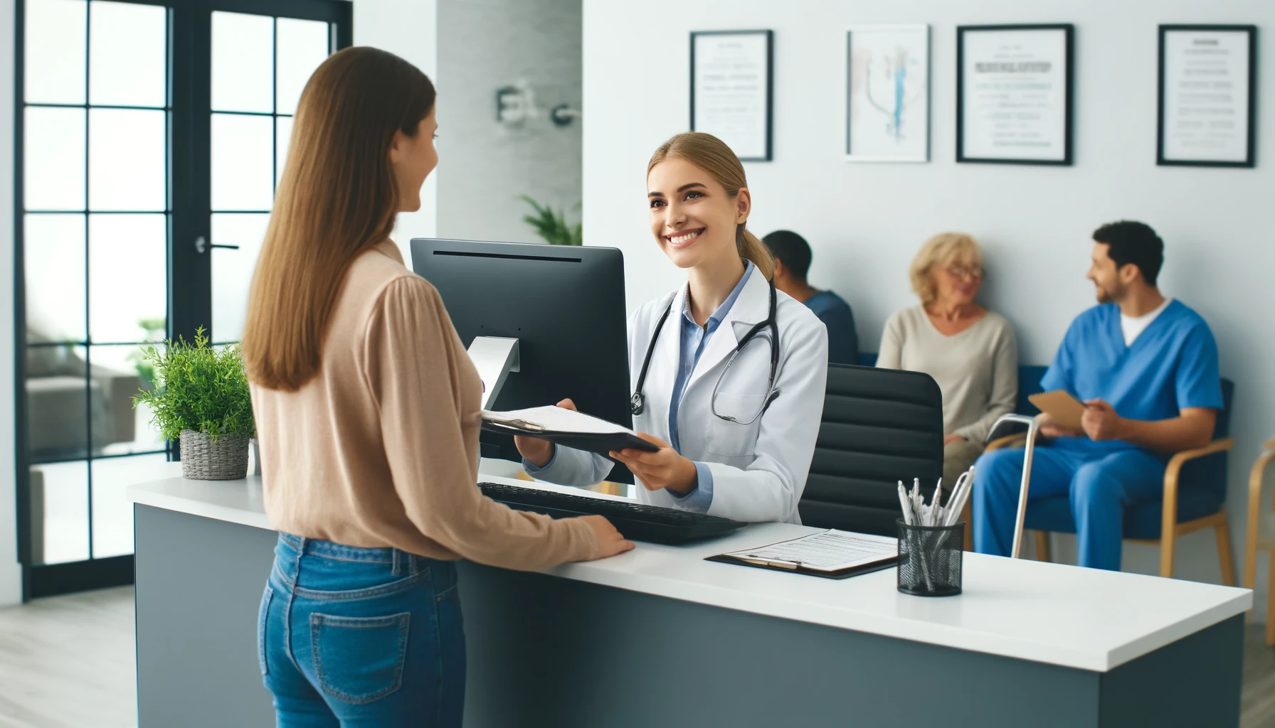 a friendly medical administrative assistant at a modern clinic reception desk, smiling warmly as they hand a clipboard to a patient. The bright and welcoming setting includes a comfortable waiting area with other patients in the background, capturing the professional and patient-focused environment of a typical day in the life of a medical administrative assistant.