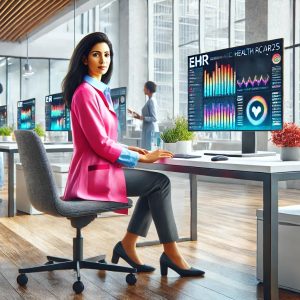 A friendly and professional Medical Administrative Assistant in 2025, wearing a bright pink business casual jacket, sits at a modern healthcare office desk with a computer displaying Electronic Health Records (EHR). The well-lit, organized space with minimal decor reflects a high-tech, welcoming atmosphere.