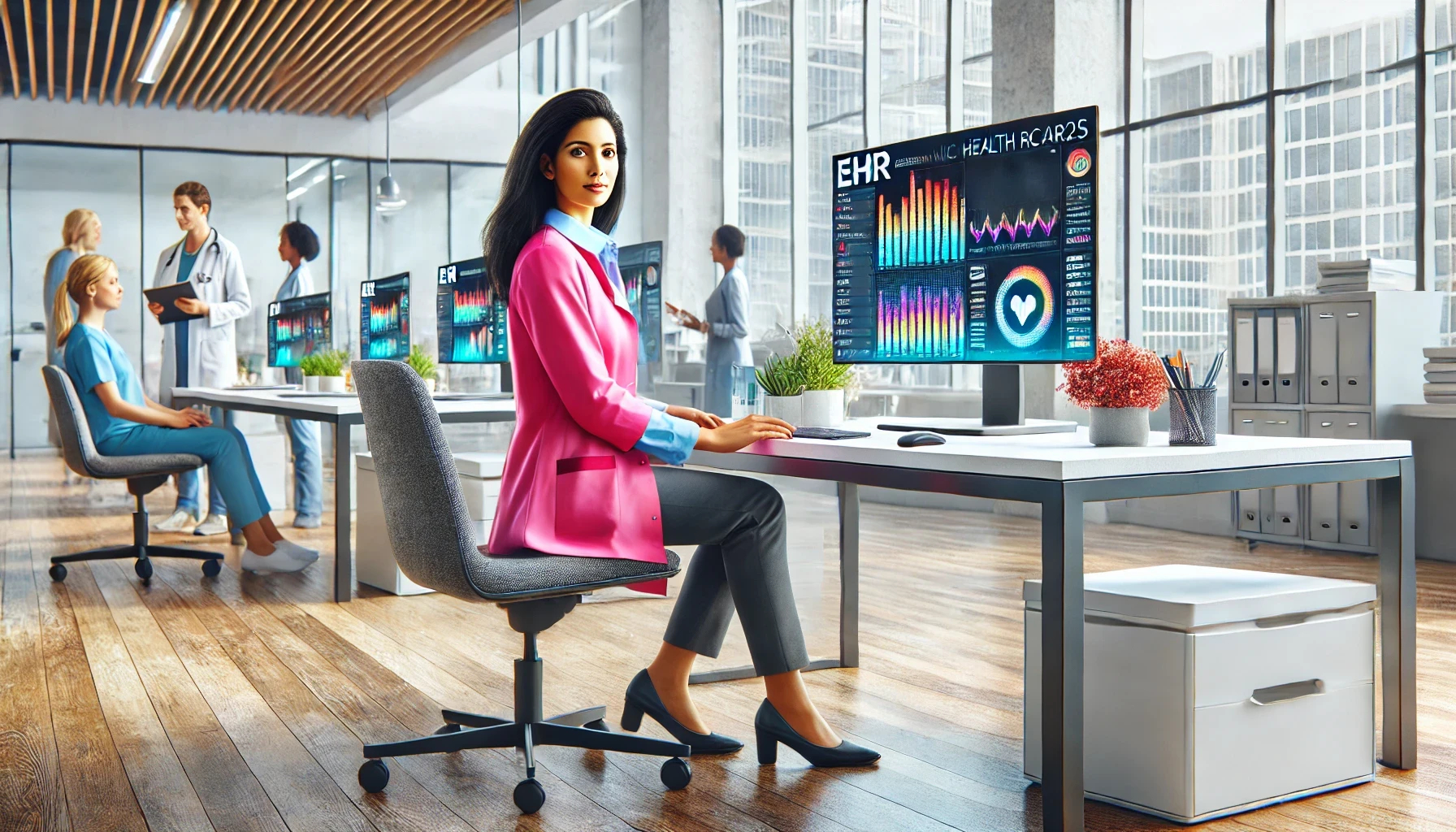 A friendly and professional Medical Administrative Assistant in 2025, wearing a bright pink business casual jacket, sits at a modern healthcare office desk with a computer displaying Electronic Health Records (EHR). The well-lit, organized space with minimal decor reflects a high-tech, welcoming atmosphere.