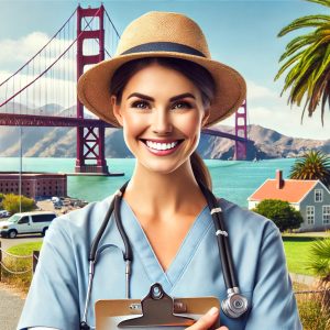 Smiling travel nurse holding a clipboard and standing outdoors with the Golden Gate Bridge and palm trees in the background on a sunny California day, symbolizing a blend of professional care and adventure.