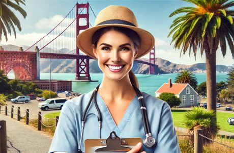 Smiling travel nurse holding a clipboard and standing outdoors with the Golden Gate Bridge and palm trees in the background on a sunny California day, symbolizing a blend of professional care and adventure.