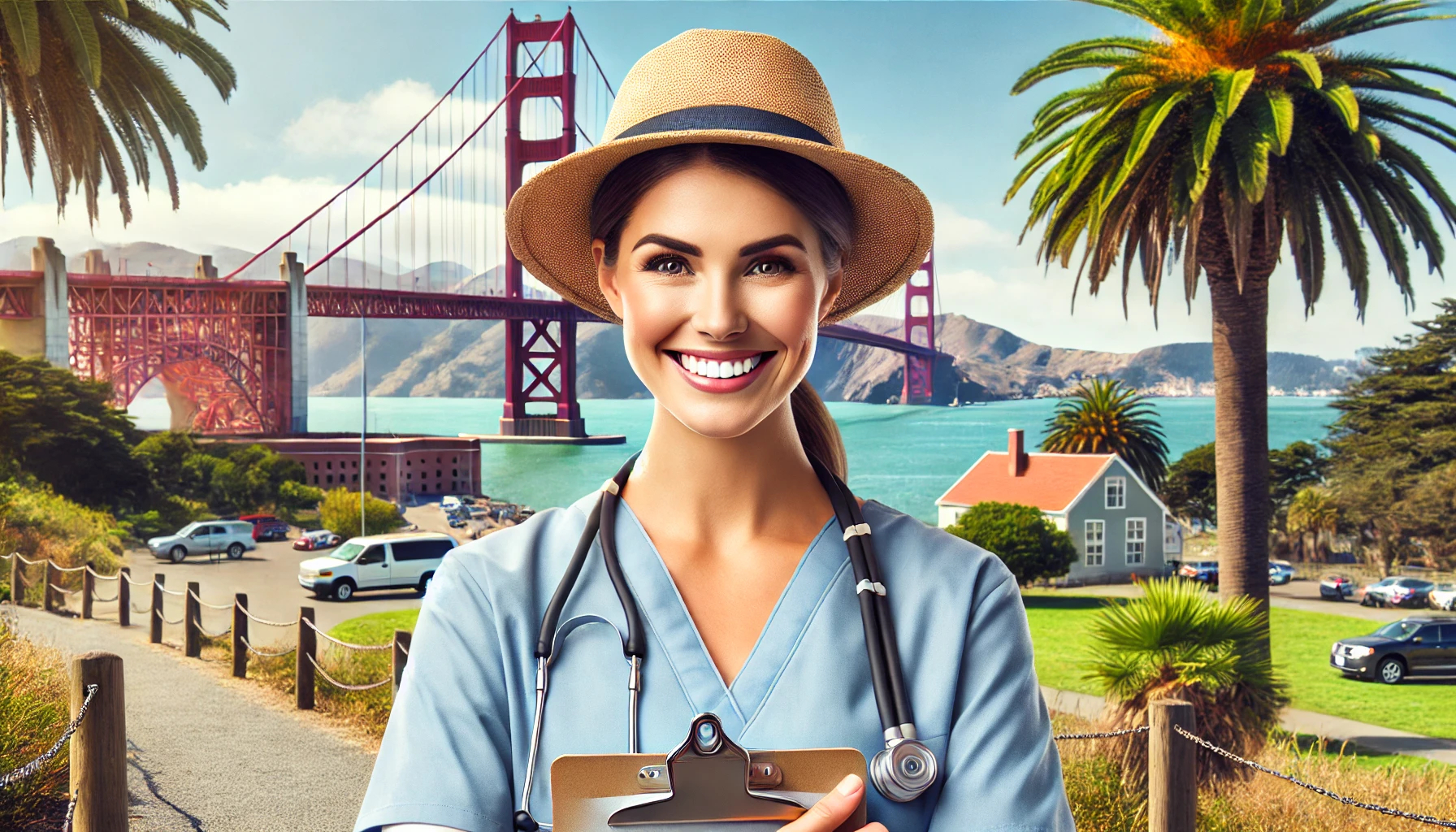 Smiling travel nurse holding a clipboard and standing outdoors with the Golden Gate Bridge and palm trees in the background on a sunny California day, symbolizing a blend of professional care and adventure.