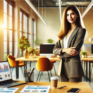 A female business manager standing confidently in a bright, modern office setting. She is positioned in front of a desk with a laptop, charts, and a coffee cup, with large windows letting in natural light. The space is vibrant and professional, emphasizing leadership and positivity.