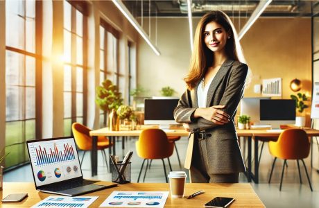 A female business manager standing confidently in a bright, modern office setting. She is positioned in front of a desk with a laptop, charts, and a coffee cup, with large windows letting in natural light. The space is vibrant and professional, emphasizing leadership and positivity.